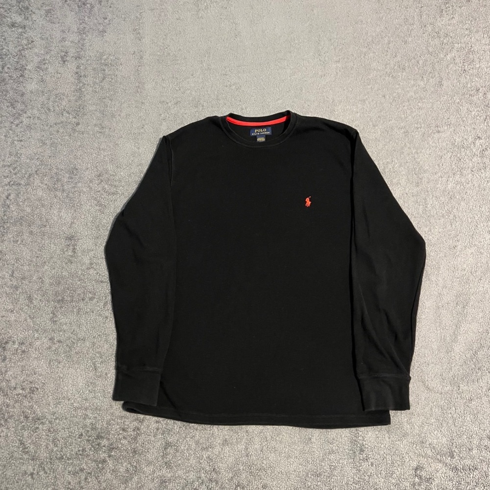 Polo Ralph Lauren Mens Waffle Knit Thermal Long Sleeve Shirt Black Red Pony L